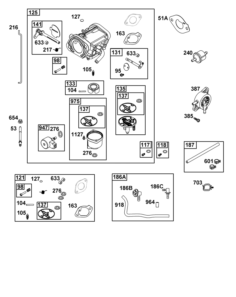 Carburetor And Fuel Supply Group Diagram and Parts List for 40N777-0036-B5 400000 - 699999 Briggs and Stratton Engine